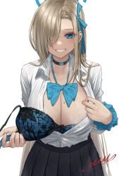 1girls asuna_(blue_archive) asuna_(school_uniform)_(blue_archive) asymmetrical_bangs black_skirt blonde_hair blue_archive blue_bow blue_bra blue_eyes blue_halo bow bow_bra bra breasts choker cleavage collared_shirt commission grin hair_over_one_eye halo highres large_breasts long_hair looking_at_viewer m.m_(mmitsu_93) mole mole_on_breast official_alternate_costume partially_unbuttoned pixiv_commission pleated_skirt removing_bra removing_bra_under_shirt school_uniform shirt simple_background skirt smile solo underwear unworn_bra white_background white_shirt