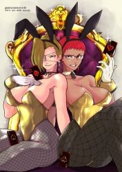 2girls ass bandage bbw big_breasts blonde_hair blue_eyes bowtie bracelet brown_eyes bunny_ears bunny_girl bunnysuit busty butt cleavage collar dark-skinned_female dark_skin eyepatch fake_animal_ears female female_focus female_only fishnet_legwear fishnets glasses gloves hair_over_one_eye hi_res high_quality high_resolution highres king_of_fighters kof large_breasts legwear lesbian lesbians light-skinned_female light_skin mature_(kof) no_bra pale-skinned_female pale_skin rocohisaya short_hair sideboob sitting smile smiling smirk smirking snk the_king_of_fighters thick_thighs thighs throne thunder_thighs tomboy very_high_resolution vice_(kof) voluptuous voluptuous_female white_gloves yuri