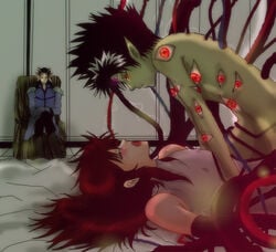 3boys black_hair blush electricity forced_yaoi green_skin hiei kurama_(yu_yu_hakusho) long_hair male male_only male_rape_victim monster_boy multi_eye multiple_boys open_mouth pointy_ears rape red_eyes red_hair short_hair straddle tentacle tentacle_on_male voyeurism yaoi yomi_(yu_yu_hakusho) yu_yu_hakusho