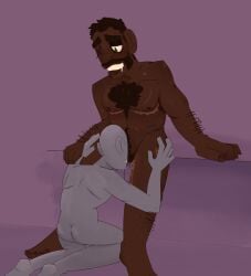 beard black_hair body_hair bussy chest_hair cum dark-skinned_male demoman_(team_fortress_2) dripping_cum grabbing_thighs green_eyes juicy_pussy leaning_backward looking_at_partner looking_down one_eye pleasured_face plump_lips pussy_eating scars scars_all_over spread_legs team_fortress_2 tf2 y/n