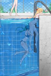 2girls air_bubbles bikini blonde_hair blue_hair blush exposed exposed_pussy green_eyes half_naked licking licking_pussy marima666_(artist) pool swimming_pool underwater water