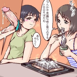 black_hair blush brown_hair cum cum_eating cum_on_food food futanari gokkun hard_pixels inomaru intersex lowres noodles oekaki translated