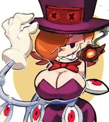 aged_up big_breasts big_hat bowtie breast_focus breasts cigar cigar_in_mouth cleavage dress gloves grin large_breasts lipstick looking_at_viewer monamania orange_hair peacock_(skullgirls) purple_dress red_lipstick sharp_teeth skullgirls smoking top_hat