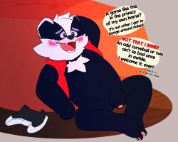 2025 akashiro anthro badger black_body blue_eyes blush bradley_(bradley_the_badger) bradley_the_badger bradley_the_badger_(game) controller dialogue english_text flaccid game_controller genitals hi_res male mammal mustelid musteline navel penis slightly_chubby solo text white_body