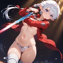 1girls ai_generated alisaie_leveilleur c.c.leah cameltoe dungeon elezen elf elf_ears female ffxiv final_fantasy final_fantasy_xiv indoors red_jacket red_mage solo sweaty thigh_squish thighhighs thighs video_game_character white_hair