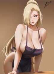 1girls absurdres alvsdraws apron areola_slip blonde_hair blue_eyes breasts cleavage commentary female hair_over_one_eye highres ino_yamanaka large_breasts leaning_forward long_hair mature_female naked_apron naruto_(series) naruto_shippuuden ponytail signature simple_background smile solo very_long_hair