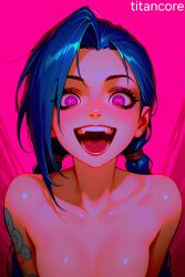 (titancore) ai_generated blue_hair crazy crazy_eyes crazy_smile girl jinx_(arcane) jinx_(league_of_legends) league_of_legends long_hair mouth_open naked purple_eyes single_girl twintails video_game_character