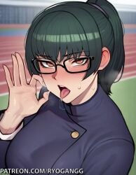 1female 1girls 2d 2d_(artwork) ai_generated blowjob_gesture brown_eyes female glasses green_hair jujutsu_kaisen maki_zenin pantyhose patreon patreon_username ryogangg school_uniform thick_thighs uniform zenin_maki