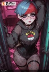 ai_generated black_choker black_gloves choker dollmaker dollmaker_(artist) female fishnets glasses gloves grey_eyes hood hood_down hoodie long_sleeves looking_at_viewer multicolored_hair patreon_logo patreon_username red_hair solo tagme thigh_strap two-tone_hair watermark