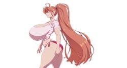 1girls amazon ass big_ass blue_eyes breasts brother_complex female female_only huge_breasts long_hair n647 orange_hair panties ponytail rose_drake_(n647) side_view smile solo t-shirt thick_thighs walking
