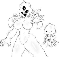1girls barefoot big_breasts black_and_white breasts claws completely_nude completely_nude_female covered_nipples enigi09 female female_focus female_only full_body huge_breasts naked naked_female no_humans nude nude_female solo solo_female squid tagme thick_thighs