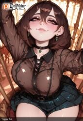 ai_generated artist_name blush breasts brown_eyes brown_hair choker dollmaker dollmaker_(artist) earrings female hair_between_eyes jewelry large_breasts lips looking_at_viewer patreon_logo patreon_username selfie short_hair sitting skirt smile solo tagme thighs watermark web_address