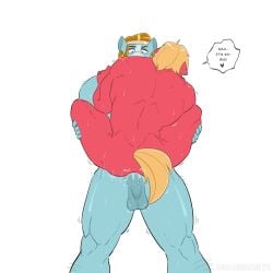 anal anal_sex anthro balls big_macintosh_(mlp) blonde_hair blue_eyes bodily_fluids dialogue duo earth_pony english_text equid equine freckled_shoulders freckles friendship_is_magic genitals hair hasbro hi_res holding_partner horse male male/male mammal muscular muscular_male my_little_pony penetration penis pony rockhoof_(mlp) sex shallowwin simple_background sound_effects stand_and_carry_position standing standing_sex sweat sweatdrop text white_background