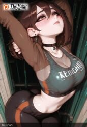 ai_generated arms_up ass blush breasts brown_hair choker cleavage dollmaker dollmaker_(artist) earrings female hair_between_eyes jewelry large_breasts looking_at_viewer navel patreon_logo patreon_username short_hair solo sports_bra stretch sweat tagme watermark