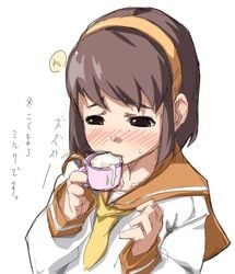 4shi blush brown_hair clothed cum cum_drinking cum_in_container cup gokkun hairband school_uniform translation_request