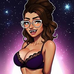 1girls ai_generated arcane arms_behind_back big_breasts big_breasts black_bra black_lace black_lace_bra bra breasts breasts brown_hair brown_skin busty busty_female cleavage dopey_doll female female female_focus female_only glasses lace_bra large_boobs large_breasts league_of_legends lingerie looking_at_viewer night night_background night_sky night_time open_mouth pointy_teeth short_hair sky_young smile solo solo_female solo_focus vampire vampire_fangs vampire_girl vampire_teeth
