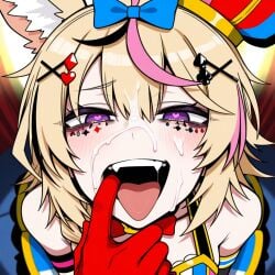 1girls after_fellatio after_swallowing ai_generated blonde_hair cleavage cum cum_on_hair facial fox_ears fox_girl hat hololive large_breasts omaru_polka open_mouth pink_hair purple_eyes tongue tongue_out virtual_youtuber