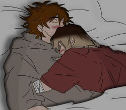after_sex bandages blush closed_eyes cuddling dyed_hair gradient_hair gray_hoodie grey_hoodie head_on_chest jd(talkalot_funkin) jd_(friday_night_funkin) jdtalkalot jdtalkalot_(youtube) messy_hair oversized_clothes under_blanket