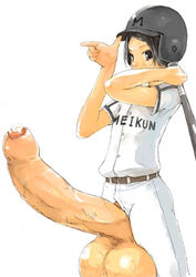 artist_request baseball_bat baseball_helmet baseball_uniform black_eyes black_hair censored hair huge_balls huge_cock huge_testicles male male_only penis pointless_censoring short_hair simple_background solo source_request