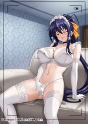 black_hair bra breasts closed_eyes commentary_request couch elbow_gloves female female_masturbation fingering fingering_through_clothes fingering_through_panties gloves hair_ribbon hellandheaven high_school_dxd highres himejima_akeno huge_antenna_hair indoors lace-trimmed_bra lace-trimmed_gloves lace-trimmed_legwear lace_trim large_breasts large_variant_set long_hair maid_headdress masturbation on_couch open_mouth orange_ribbon paid_reward_available panties patreon_username ponytail ribbon solo sweat thighhighs through_clothes underwear variant_set very_long_hair white_bra white_gloves white_panties white_thighhighs