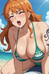 ai_generated beach bikini blush breasts brown_eyes cleavage collarbone day earrings eyebrows_visible_through_hair female green_bikini jewelry large_breasts long_hair nami_(one_piece) open_mouth orange_hair outdoors saliva shoulder_tattoo sky straight sweat swimsuit tattoo tongue