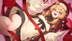 1boy :d absurdres alternate_costume baggy_clothes blonde_hair blue_eyes blush bridget candy chocolate chocolate_heart commentary_request food guilty_gear guilty_gear_strive hakusyokuto heart heart-shaped_food highres looking_at_viewer lying male_focus medium_hair nun on_back open_mouth smile solo thighs trap valentine