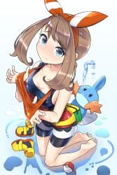 1girls absurdres bike_shorts bike_shorts_under_shorts blue_eyes bow_hairband brown_hair hairband highres may_(pokemon) medium_hair mudkip nintendo pokemon pokemon_(creature) pokemon_oras short_shorts shorts tm_(hanamakisan) wet wet_clothes