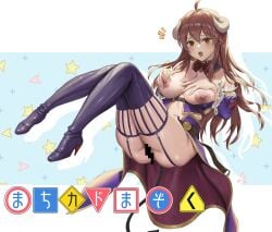 ahoge ass bar_censor black_boots blush boots bow bowtie breasts brown_eyes brown_hair censored commentary_request curled_horns demon_girl demon_horns demon_tail female high_heel_boots high_heels highres horns jeneral long_hair long_sleeves machikado_mazoku nipple_piercing nipples notice_lines open_mouth piercing red_bow red_bowtie solo tail thigh_boots thighs tongue translation_request variant_set yoshida_yuuko_(machikado_mazoku)