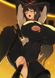 arms_up blue_archive bodysuit breasts censored cowboy_shot female from_below high_ponytail highres huge_breasts looking_down mosaic_censoring nipples open_mouth ponytail pussy red_eyes restrained rio_(blue_archive) rio_(bodysuit)_(blue_archive) sex_machine solo stationary_restraints torn_clothes zer0.zer0