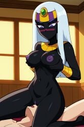 1girls ai_generated black_skin bodysuit breasts covered_nipples cowgirl_position duck_dodgers female female_on_human human human_on_humanoid humanoid large_breasts long_hair oral purple_eyes pussy queen_tyr'ahnee straddling straight warner_brothers white_hair
