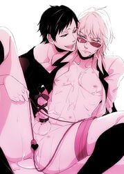 2boys black_hair black_legwear black_socks cock_and_ball_torture cock_ring cum cum_on_body durarara!! forced_yaoi glasses heiwajima_shizuo looking_over_eyewear looking_over_glasses looking_over_sunglasses male multiple_boys orgasm_denial orihara_izaya penis penis_ribbon short_hair sunglasses sweat tied_penis tinted_eyewear vibrator yaoi