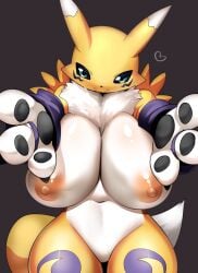 anthro areola bandai_namco big_breasts breasts canid canine digimon digimon_(species) featureless_crotch female fox fox_ears fox_girl fox_tail fur furry furry_female heart_symbol hi_res huge_breasts lets0020 looking_at_viewer mammal nipples nude renamon smile solo tail white_body white_fur yellow_body