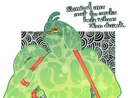 bara buff comic embarrassed_look green_body green_skin holding_mankini league_of_legends mankini orange_eyes orange_mankini orange_pupils pulling_mankini sexy slime slime_boy slime_monster text yaoi yellow_eyes zac