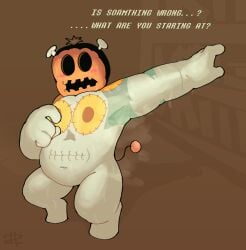 1boy armpit armpit_focus blush deltarune deltarune_chapter_4 jackenstein looking_at_viewer male male_only musk musk_clouds pumpkin_head raising_arm simple_background skull_marking solo stitches sweat sweatdrop tan_body text