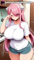 1girls 2025 ai_assisted ai_generated animal_horns anime artist_name big_breasts big_breasts big_breasts big_chest blush breast breasts breasts breasts bust busty chest clothed_female collarbone curvy desk elfen_lied eyebrows_visible_through_hair female_focus female_only hi_res high_quality high_resolution highres horns indoors kitchen large_breasts long_hair lucy_(elfen_lied) patreon patreon_username pink_hair shirt shorts sitting skypassion solo stable_diffusion t-shirt thick_thighs thighs tile_floor tiles very_long_hair watermark white_shirt