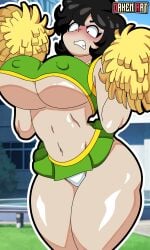 2025 2d ashamed big_breasts black_hair blush breasts breasts_out cartoon_network cheerleader daken_art(artist) daken_henderson(artist) fanart freckles freckles_on_face lara_(jorel's_brother) nipples_visible_through_clothing panties pom_poms shiny_skin short_dress short_hair white_panties