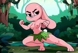 adult_female ai_generated amazonian anais_watterson breasts bunny bunny_girl cocky confident fighting_stance grass_skirt jungle jungle_girl large_breasts mostly_nude mostly_nude_female nature naturist nipples pink_bunny rabbit the_amazing_world_of_gumball topless topless_female