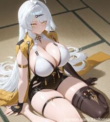 ahoge ai_generated bangs black_shorts blush cleavage elbow_gloves fingerless_gloves hair_ornament jacket large_breasts large_penis long_sleeves patreon patreon_username shiny_skin shorts single_thighhigh thigh_strap very_long_hair white_hair xzollosez yellow_eyes yixuan_(zenless_zone_zero) zenless_zone_zero
