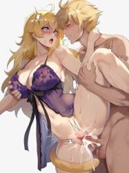 1boy 1girls ass blonde_hair blush breast_grab breasts cum cum_in_pussy female lainart large_breasts light-skinned_female light_skin lingerie male penis pussy rwby sex sun_wukong thighs white_background yang_xiao_long