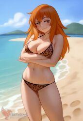 1girls 2d ai_generated ass barefeet big_ass big_breasts bikini breasts cleavage day erophoenix feet female female_focus full_body gamo-chan grin leopard_print long_hair looking_at_viewer ocean orange_eyes orange_hair outdoors patreon_username please_don't_bully_me,_nagatoro solo solo_female sweat swimsuit thick thick_thighs toes uncensored