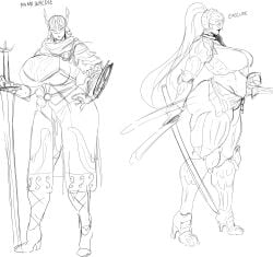 2girls armored_female breasts elden_ring elden_ring_nightreign executor_(nightreign) female fromsoftware genderswap heels huge_breasts katana rule_63 sketch sunnysundown sword tagme wide_hips winged_helmet wip wylder_(nightreign)