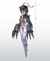 barcode barcode_tattoo big_breasts black_hair bondage claws eor79 hair_over_one_eye jiangshi long_sleeves one_eye_covered purple_skin simple_background talisman underboob