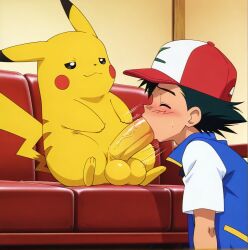 ai_generated balls blowjob closed_eyes fellatio gay hat huge_cock interspecies lustre male male_only oral penis pikachu pokemon pokemon_(species) pokephilia satoshi_(pokemon) self_upload sitting testicles yaoi