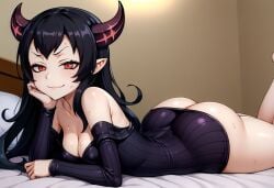 ai_generated ass bangs bare_shoulders barefoot black_hair bottomless breasts chin_rest cleavage detached_sleeves female hand_on_own_cheek horns isolated_island_oni kantai_collection legs_up long_hair looking_at_viewer lying on_bed on_stomach pointy_ears red_eyes ribbed_sweater self_upload shiny shiny_skin small_breasts smile solo sweat sweater takaman_(gaffe)_(style) the_pose
