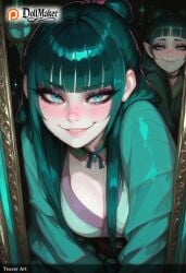 2girls ai_generated bangs black_hair blue_eyes blunt_bangs blush breasts choker dollmaker dollmaker_(artist) female green_hair hime_cut long_hair looking_at_viewer pointy_ears smile sparkle tagme watermark
