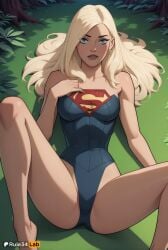 1girls ai_generated artist_name bare_arms bare_legs bare_shoulders barefoot blonde_hair blue_eyes breasts cameltoe collarbone dc dc_comics grass hand_on_own_chest hi_res highleg highleg_leotard kara_danvers kara_zor-el legion_of_superheroes leotard lips long_hair looking_at_viewer lying medium_breasts on_back outdoors parted_lips rule34lab solo spread_legs strapless strapless_leotard supergirl superhero superman_(series) teeth thighs tomorrowverse tree