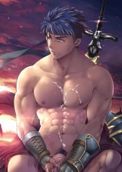 1boy abs after_masturbation bad_id bad_tumblr_id bara belly_button blue_eyes blue_hair cum cum_on_body cum_on_male cum_on_pectorals fire_emblem fire_emblem:_radiant_dawn headband highres ike_(fire_emblem) looking_to_the_side male male_focus male_pubic_hair mazjojo navel nipples pectorals penis pubic_hair ragnell short_hair solo sword toned toned_male uncensored weapon