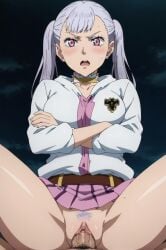 ai_generated belt black_clover blush breasts clothed_sex female jewelry noelle_silva open_mouth penis pubic_hair purple_eyes pussy pussy_juice sex spread_legs straddling straight twintails vaginal_penetration
