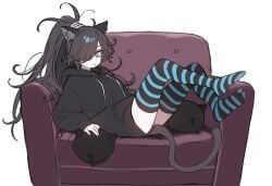 cat_tail couch dark feet hair high_socks huge_breasts kasli_the_bane killer_cat legwear no_pants socks tail the_battle_cats