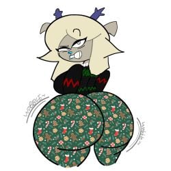 afterdarkcircus antlers blue_antlers blue_lipstick carol_holiday christmas_outfit deer deer_girl deltarune deltarune_chapter_4 eyebrow_raise forbidden_pants green_stripes kris_(deltarune) milf pearl_necklace raised_eyebrows red_stripes reindeer reindeer_girl wobbling_ass
